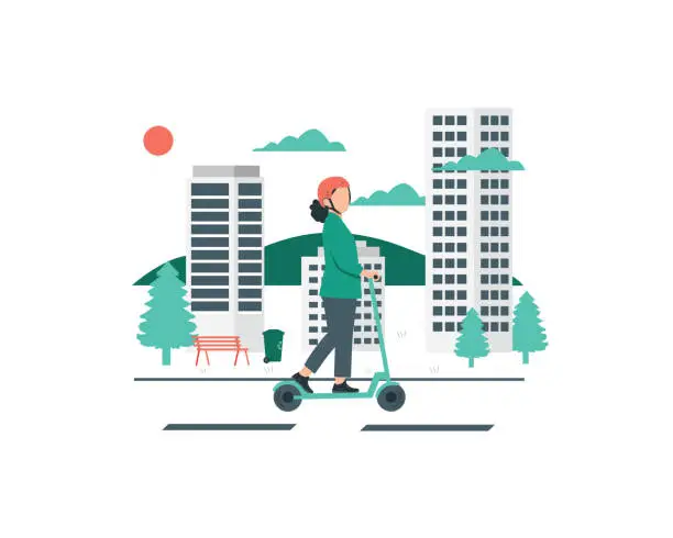 Vector illustration of Young woman riding electric scooter in the city. Vector illustration in flat style for healthy and sustainabiliy practices