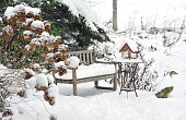 Winter garden with bench, bird feeder,side table ,stone goose