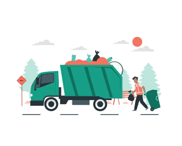 Vector illustration of Garbage truck and man with bag full of garbage. Flat style design vector illustration for sustainability practices conceptual.
