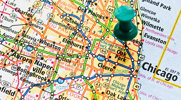 A very detailed map of Illinois, zoomed in on Chicago Destination Chicago. Please check out my maps lightbox for more similar images. http://i70.photobucket.com/albums/i102/mzelkovi/maps-1.jpg usa road map selective focus macro stock pictures, royalty-free photos & images