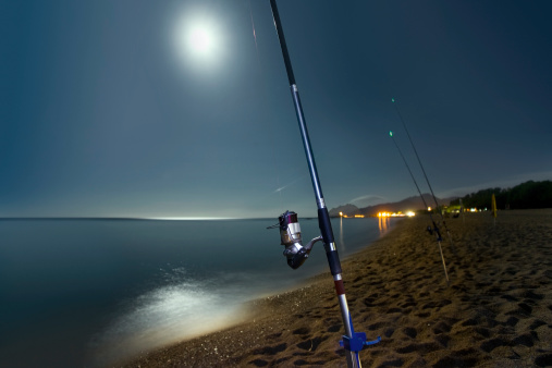 Fishing rods on the beach of Barisardo, in Sardinia. Long exposure. Night shot. Other images in: