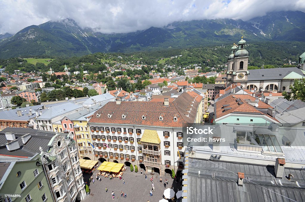 Cityscape of Innsbruck with Golden Roof (Austrian) Cityscape of Innsbruck (Austrian)with Golden Roof. In Background Cathedral St. Jakob and the Alps Karwendel Mountains.See also my other Innsbruck images. Innsbruck Stock Photo