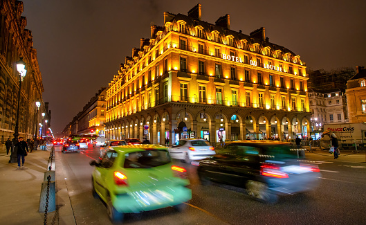 Paris - December 2012: Streets and buildings of Paris on a winter night.