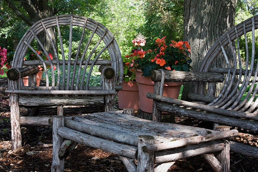 A rustic log chair, bench and end table in a backyard shade garden.