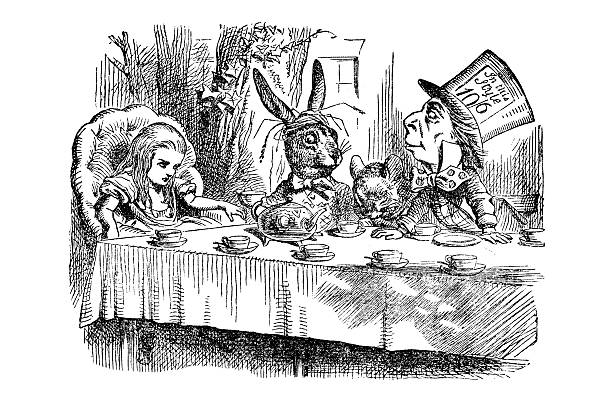 mad herbata firm - alice in wonderland fairy tale tea party old fashioned stock illustrations
