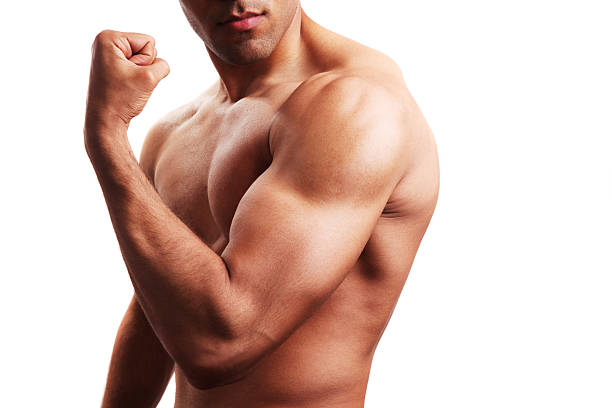 Body builder flexing biceps stock photo