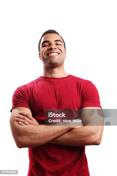 Foto de Cara Feliz e mais fotos de stock de Vermelho - Vermelho, Camiseta, Homens