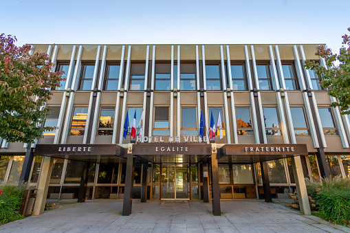 Vélizy-Villacoublay, France - October 1, 2023: Exterior view of the city hall of Vélizy-Villacoublay, a town located in the Yvelines department in the Ile-de-France region, southwest of Paris