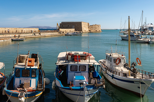 Heraklion, Crete - Greece - September 21st, 2023: The Heraklion Port on a beautiful sunny morning.  Heraklion, Crete, Greece.