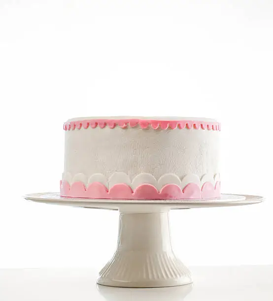 close up on a decorated birthday cake on cakestand on white background