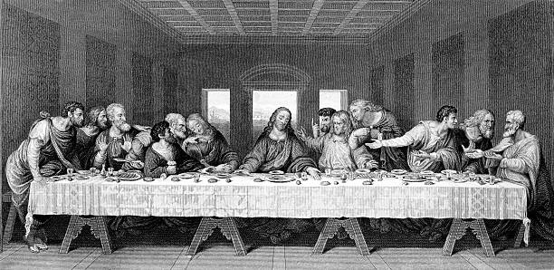 last supper - illustration and painting engraved image engraving pencil drawing stock illustrations