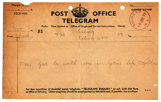 British wedding congratulations telegram, 1935 An old British telegram offering congratulations (and prayers!) to a newly-wed couple.. eanling stock pictures, royalty-free photos & images