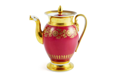 antique (biedermeier time area 1815-1840) coffee pot with lion head tulle in pink. hand painted golden ornament on maroon ground.See also my other flea market images: