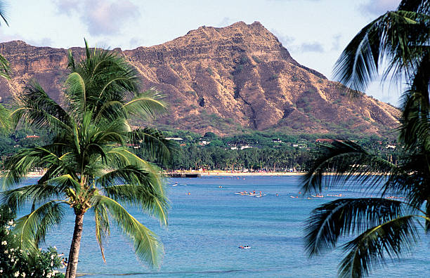 usa, hawai, o'ahu, waikiki y diamond head. - hawaii islands oahu waikiki diamond head fotografías e imágenes de stock