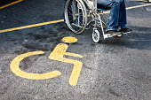 Person in wheelchair next to a disabled parking sign
