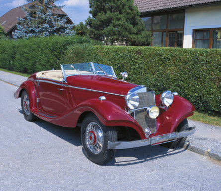 vintage convertible car, Mercedes Benz 320n, 1937, Special Roadster, standing on the street in Austria, medium format camera Pentax 67 II, tripod, high-end scan of 6x7 cm Click here to view more related images: