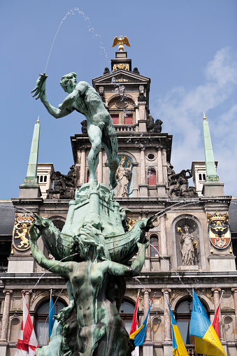 Antwerp's Town Hall, with the symbolic Brabo statue of Antwerp, Belgium, Europe.