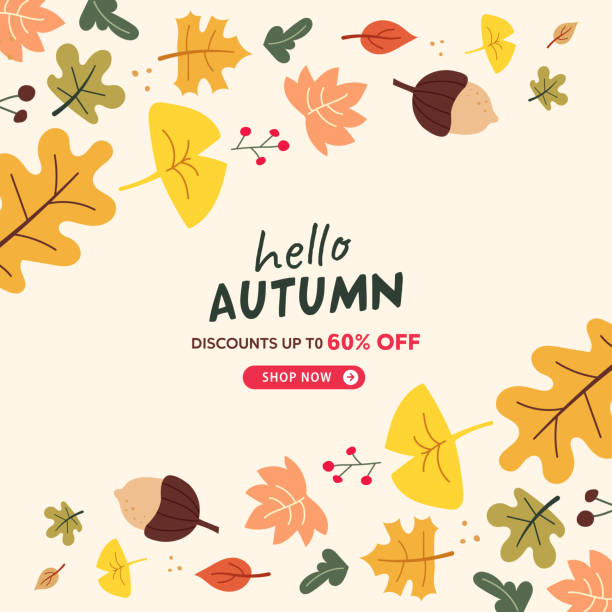 秋の葉の模様とこんにちは秋のセールバナーイラスト - autumn leaf frame decoration点のイラスト素材／クリップアート素材／マンガ素材／アイコン素材