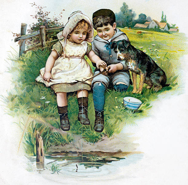 Children Fishing Illustration Children Fishing Illustration 19th Century Illustration by Harriett M Bennett riverbank stock illustrations