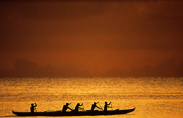 Silhouette of rowers at sunset in Oahu, Hawaii's North Shore USA Hawaii O'ahu, North Shore, Hale'iwa, outrigger canoe. outrigger stock pictures, royalty-free photos & images