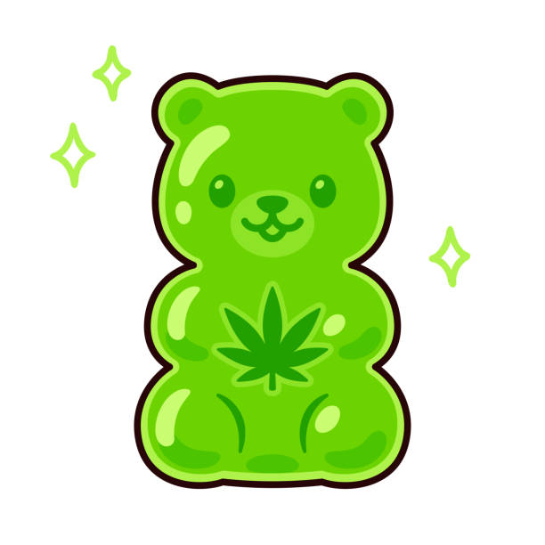 Cute cartoon cannabis edible gummy bear Cute cartoon CBD edible gummy bear drawing. Green candy with cannabis leaf shape. Vector clip art Illustration. cannabis gummy bears stock illustrations