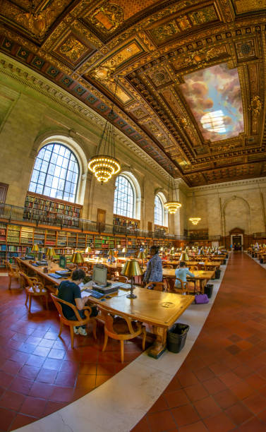 interior da biblioteca pública - new york city new york public library indoors bookshelf - fotografias e filmes do acervo