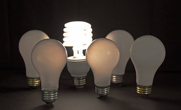 istock 1 lit CFL light bulb circled by 5  incandescent bulbs 171149780