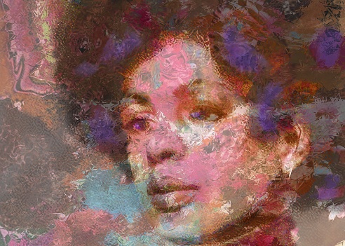 Picturesque portrait of a black woman with thick black hair, in expressionist style on an abstract background