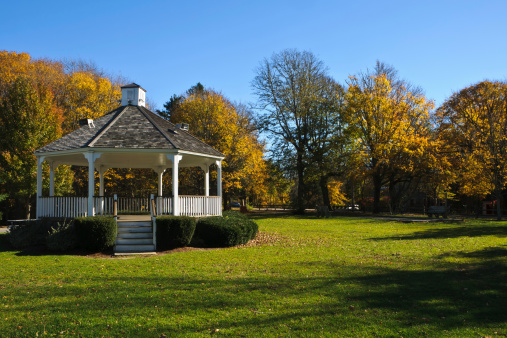 Fall colors surround the village bandstand on Harwich, Massachusetts