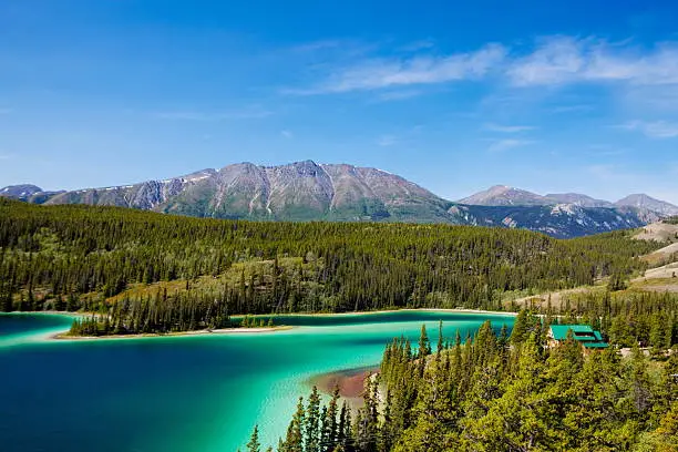 A wide view of Emerald Lake from an adjacent highway...Yukon,Canada