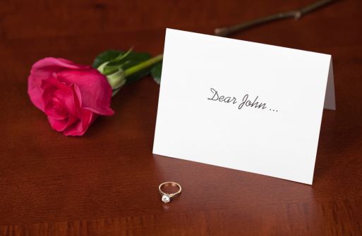 A 'Dear John' note has come to be known as a way to end a relationship. Here John's partner has left an engagement ring as well. Focus is on the 'Dear John ...'.Here are some similar Dear John/Dear Jane images: