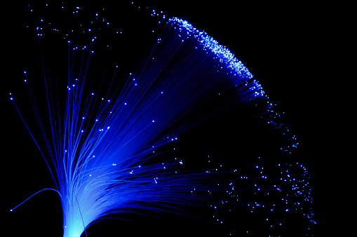 Bundle of blue optic fibers against a black background. Limited depth of field.