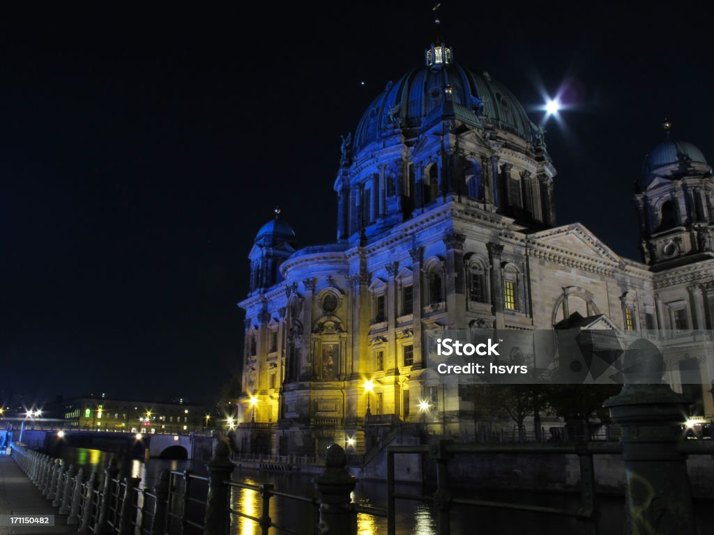 Berlin Cathedral (Germany) Berlin Cathedral (Germany) by night with moonlight and Spree River. on railing a yellow grafitti R sprayed.See also my other Berlin images: Architectural Column Stock Photo