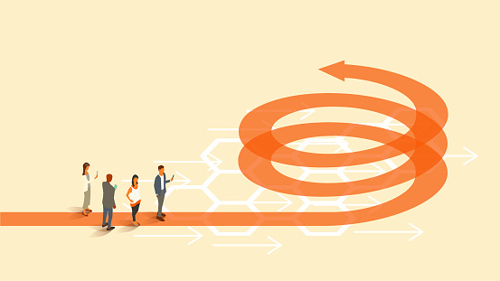 Four people stand at the beginning of an arrow that moves up in the shape of a helix, spiral, coil, or spring, illustrating the concept of a virtuous cycle. A translucent orange arrow appears on a warm-colored cream background within a 16x9 landscape artboard. Vector shapes, including people, are presented in isometric projection using a limited color palette. People are dressed for business and use internet-enabled devices.