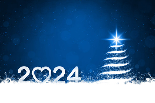 Happy New Year and Xmas background in contrasting colours of dark blue and white color with one magical swish swoosh Christmas tree illuminated with a star at the top and glittery snowflakes at the bottom and happy New Year text 2024. Can be used as New Year, Christmas festive wallpaper, backdrops, greeting cards templates or gift wrapping sheet.