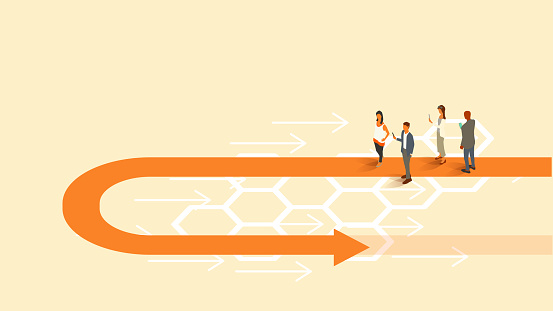 Four people stand on an arrow that makes a dramatic u-turn from one direction to another, illustrating the concept of a turnaround or the reversing of a course. Translucent orange arrows and lines appear on a warm-colored cream background within a 16x9 landscape artboard. Vector shapes, including people, are presented in isometric projection using a limited color palette. People are dressed for business and use internet-enabled devices.