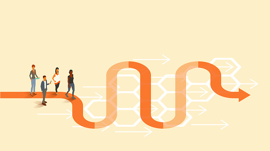 Four people stand at the beginning of a long, wavy, segmented arrow, illustrating the concept of a timeline or linear plan that can be labeled and used as a template. Translucent orange arrows and lines appear on a warm-colored cream background within a 16x9 landscape artboard. Vector shapes, including people, are presented in isometric projection using a limited color palette. People are dressed for business and use internet-enabled devices.