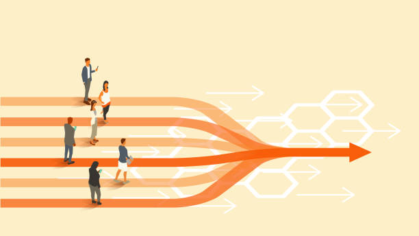 People on converging arrows Six people stand on a set of parallel, converging arrows, illustrating the concept of collaboration or moving forward together. Translucent orange arrows and lines appear on a warm-colored cream background within a 16x9 landscape artboard. Vector shapes, including people, are presented in isometric projection using a limited color palette. People are dressed for business and use internet-enabled devices. mergers and acquisitions stock illustrations