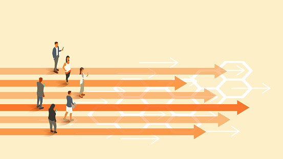 People stand on a set of straight arrows pointing forward (from left to right), illustrating any number of concepts, including individual or group progress, and competition between businesses or individuals. Translucent orange arrows and lines appear on a warm-colored cream background within a 16x9 landscape artboard. Vector shapes, including people, are presented in isometric projection using a limited color palette. People are dressed for business and use internet-enabled devices.