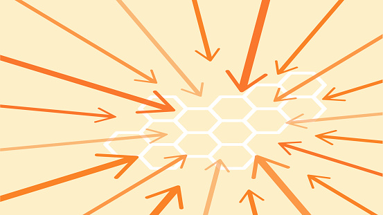20 arrows converge in this flat vector illustration, leveraging a limited palette of orange arrows over a light honey-colored field. Less prominently, a white honeycomb pattern can be seen at and around the point of convergence. If desired, some of your text or an object of interest can be added in the central area. Angles suggest isometric projection. Vector image is presented within a 16x9 artboard.