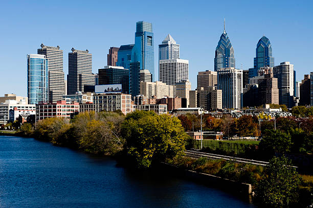 Philadelphia Skyline and Schuylkill river stock photo