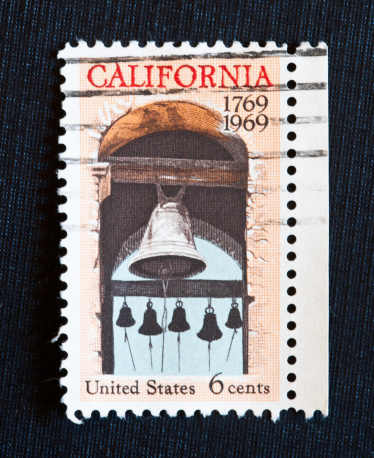 United States Commemorative Postage Stamp, California Bicentennial, Mission Bells at Carmel,..A Spanish Expedition Led by Captain Gasper de Portola Entered San Diego, which Became the First European Settlement in California...Issued July 16, 1969 in San Diego, California,