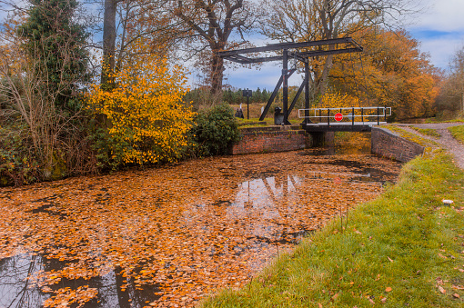 17/Feb/2023 Stratford Canal Nr. Stratford upon Avon England UK. View from the towpath. Autumn. View of narrow boat. No people in picture.