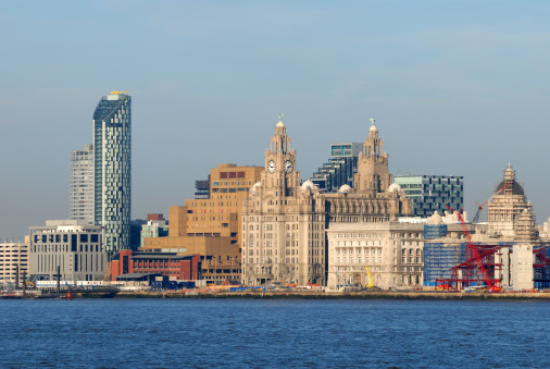 New and old buildings of the Liverpool waterfront at pierhead.