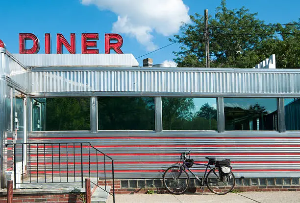 A roadside diner with a parked bicycle along a roadway on Cape cod, Massachusetts