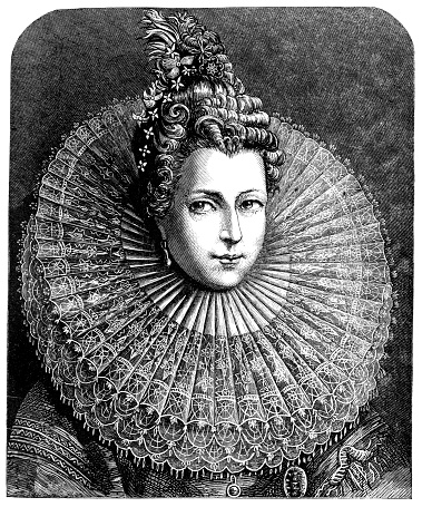 Isabella Clara Eugenia, daughter of Philip II, Archduchess of Austria, Governess of the Netherlands. Died 1633. Wearing magnificent lace collar. Engraving by P. Sellier. A History of Lace by Mrs. Bury Palliser, London, 1875.