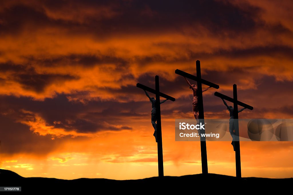 Good Friday  ... Three Crosses The Crucifixion at Calvary (Golgotha) near Jerusalem on Good Friday. Some copy space in the dramatic sunset. Good Friday Stock Photo