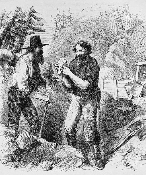 Prospectors Etching of miners finding a huge gold nugget. From a June 1860 issue of Harper's New Monthly magazine gold mining panning stock illustrations