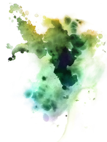 Green ink stain with drips and splashes on a textured paper.  Isolated on white.  Great background design element.