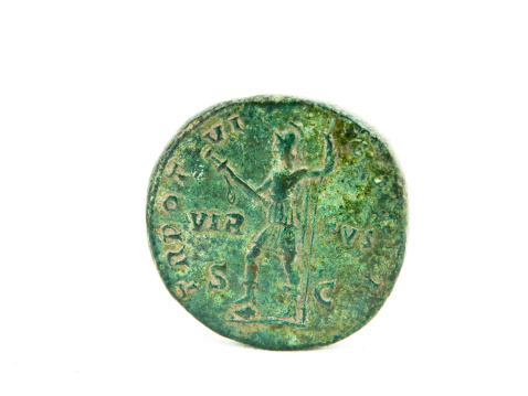 A closeup of an ancient Roman gold aureus coin of Emperor Nero.